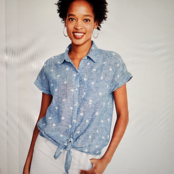 Old Navy Tops - Old Navy Women's Large Denim Linen Blend Palm Tree Button-Down Tie-Front Shirt